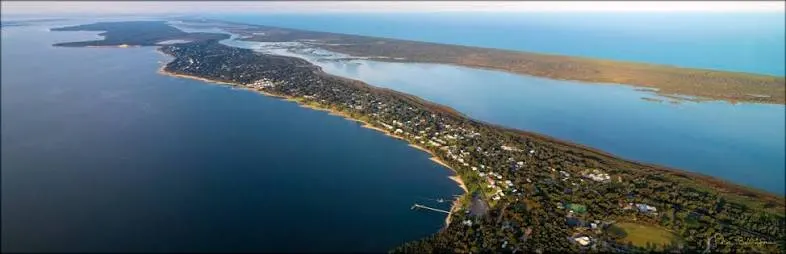 Aerial panorama of Loch Sport township on the narrow strip between Lake Victoria and Ninety Mile Beach